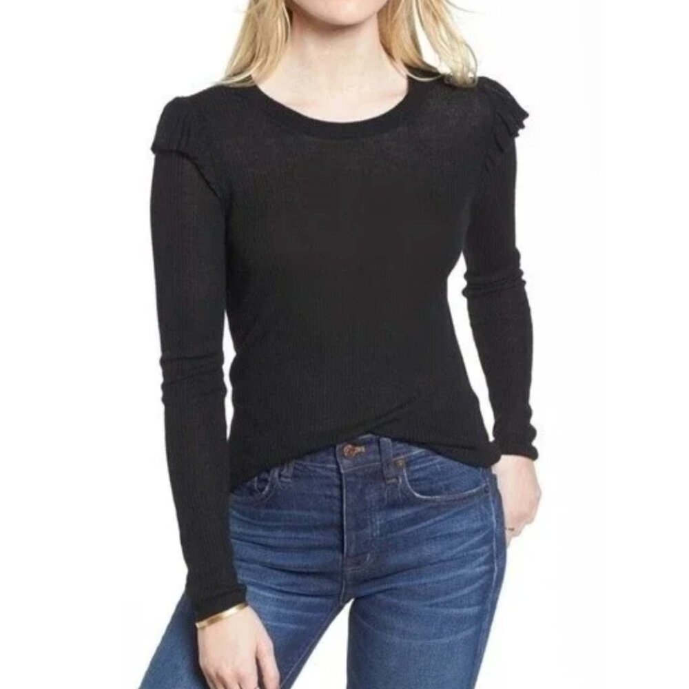 Madewell Ruffle Shoulder Sweater Women Knit Fine Ribbed Black Long Sleeve XXS